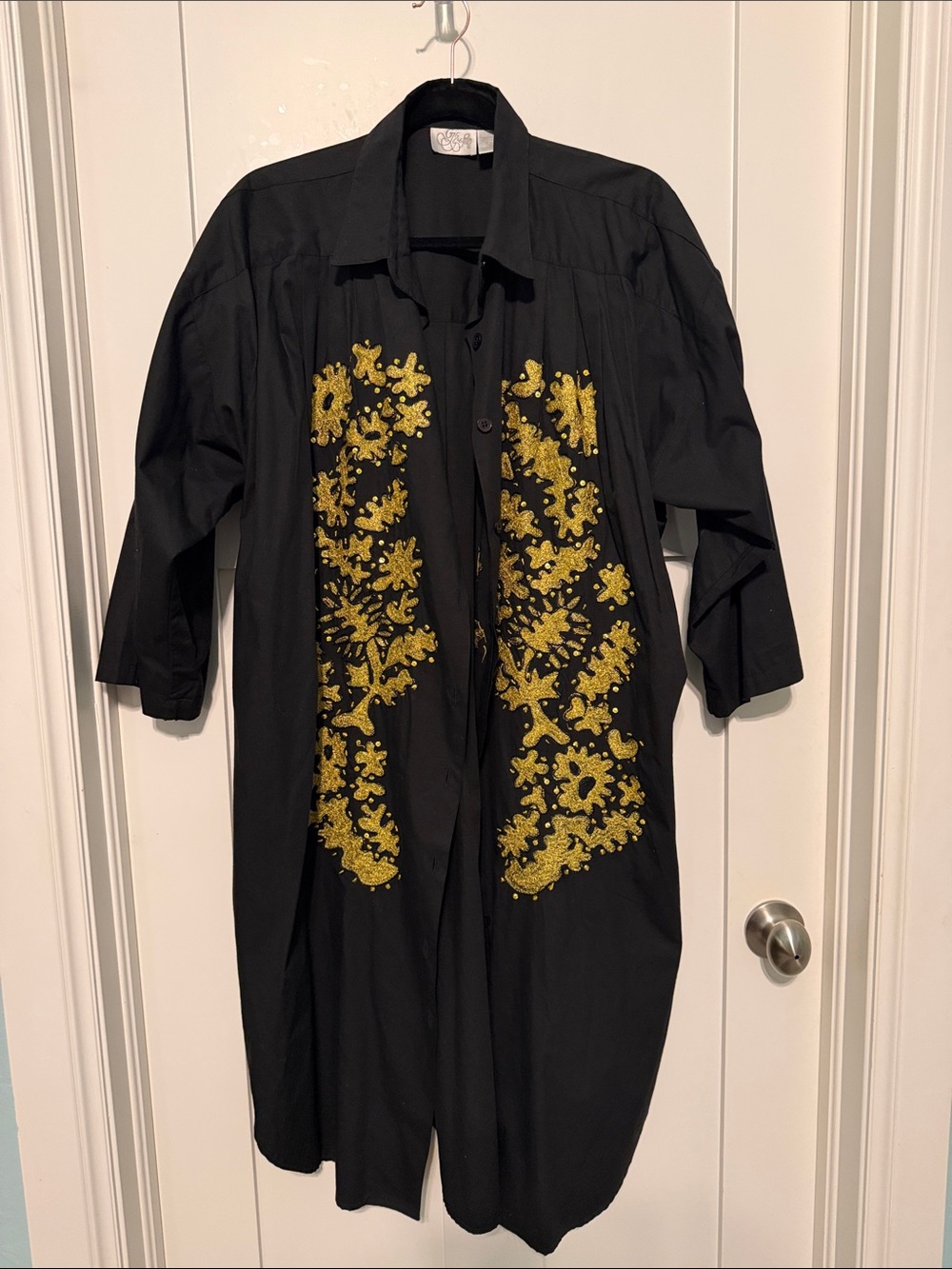 Go Softly Vintage 90s Oversized Black Midi Shirt Dress with Gold Embroidery